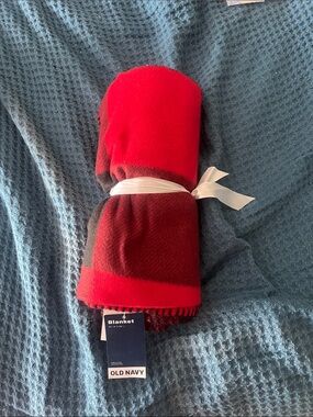 Old Navy Red and Dark Gray Plaid Fleece Throw
